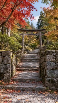 赤い紅葉の下を鳥居へ上る石垣の間の石段