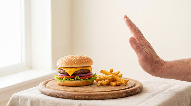 Hand rejecting an unhealthy fast food meal with a cheeseburger and fries on a wooden plate.