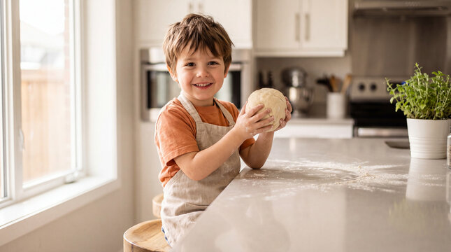 Young boy smiling while kneading dough in a bright home kitchen.