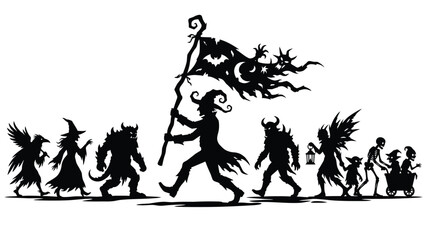 Fototapeta premium Spooky Halloween silhouette procession featuring a witch, monsters, goblin, skeleton, and mythical creatures