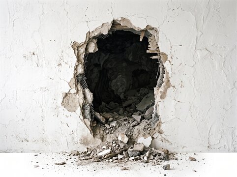A large jagged hole broken through a white plastered wall with debris scattered on the floor with gaping hole smashed chunks rubble lying