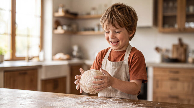 Young boy smiling while kneading dough in a bright home kitchen.