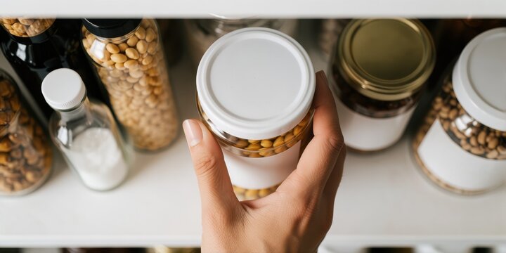 Woman hand picking a glass jar of grains from pantry shelf filled with various dry foods and legumes for meal preparation and healthy eating concept