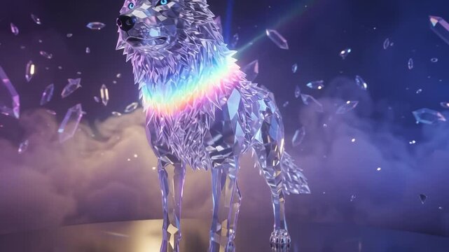 Crystalline wolf standing on reflective platform with prismatic light