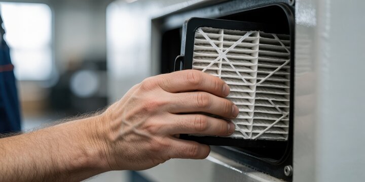 Hand replacing an air filter in a ventilation system unit, representing indoor climate control, HVAC maintenance, and clean air technology in a modern facility.