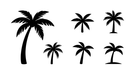 Naklejka premium palm-tree, palm, coconut-tree, tropical, beach, summer, island, vacation, paradise, resort, ocean, coast, nature, flora, silhouette, black, set, collection, vector, illustration, graphic, design, icon