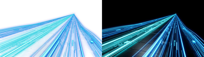 Fototapeta premium Blue digital data highway with glowing circuit lines converges toward a distant point ideal for technology designs, PNG, Transparent and Black Background Versions