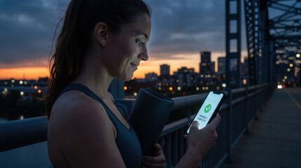 Obraz na płótnie Canvas Woman holding yoga mat checking workout complete notification on smartphone at dusk, capturing achievement and healthy lifestyle motivation for fitness app marketing and digital wellness design
