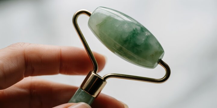 Green jade face roller for facial massage and anti aging skincare routine in hands