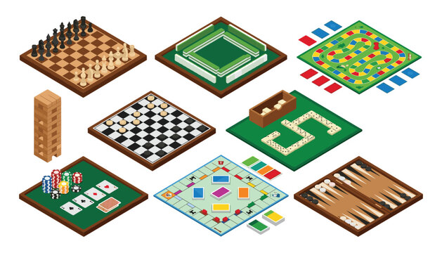 Isometric Board Games Vector Illustration Set Featuring Chess Checkers Dominoes Backgammon Poker Cards Casino Chips Wooden Tower Block and Family Tabletop Games