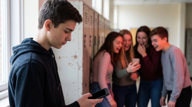 Sad teenage boy looking at smartphone in school hallway while peers laugh in background, capturing cyberbullying and social exclusion concept for mental health and education marketing.