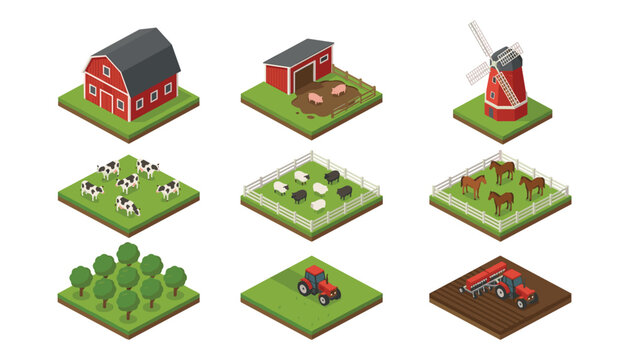 Isometric Farm Vector Icon Set featuring Barn Windmill Tractor Orchard and Livestock Pens with Cows Sheep Pigs Horses for Strategy Game Map Layout Designs