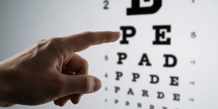 Optometrist pointing at eye chart vision test examination during ophthalmology medical checkup in clinic