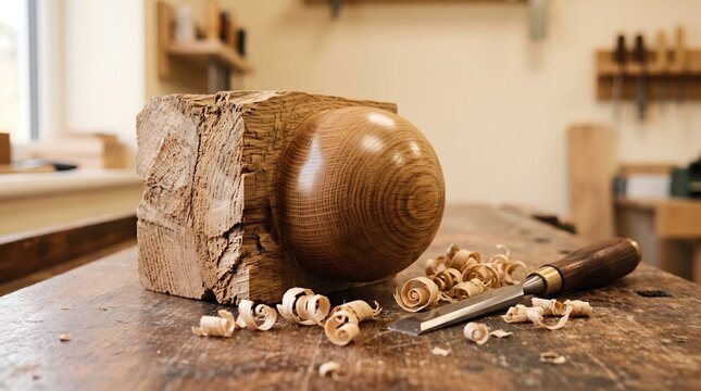 Smooth wooden sphere emerges rough block, Sharp chisel carves timber workbench surface, Artisan craft process demonstrates manual skill, Traditional workshop tool shapes natural material