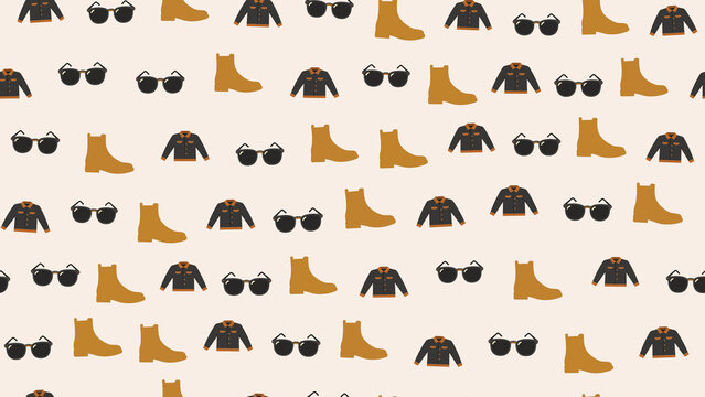 Seamless pattern of jackets, boots, and sunglasses