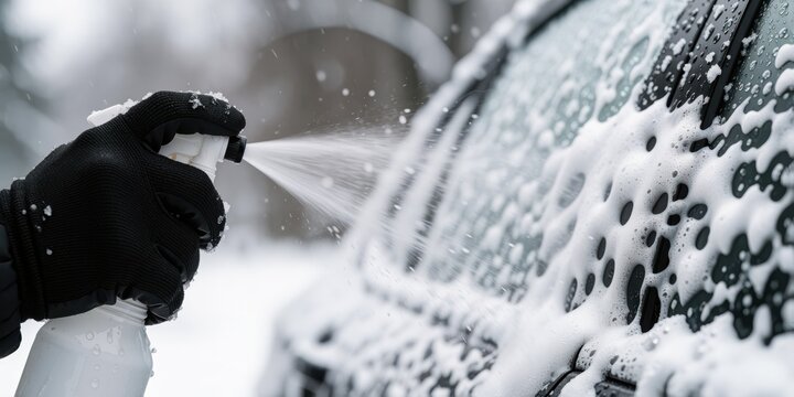 Person wearing black gloves spraying deicer fluid onto a frozen car window during winter weather for automotive care and frost removal