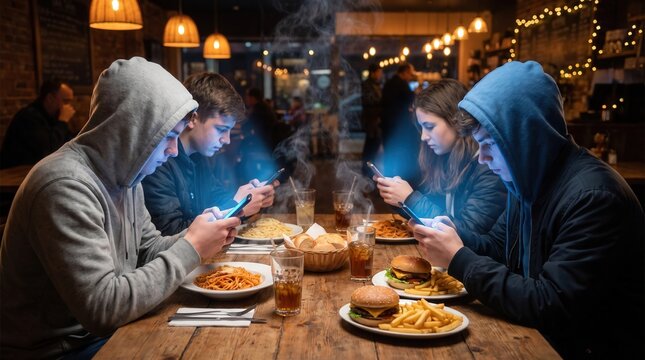 Group of teenagers in hoodies using smartphones at a restaurant table with glowing screens, capturing digital addiction and social isolation for technology impact and modern lifestyle editorials.