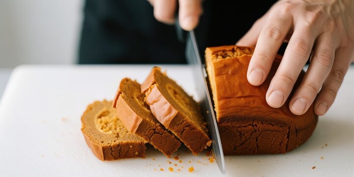 Person slicing homemade pumpkin loaf cake on cutting board in kitchen setting, representing autumn baking and delicious pastry preparation