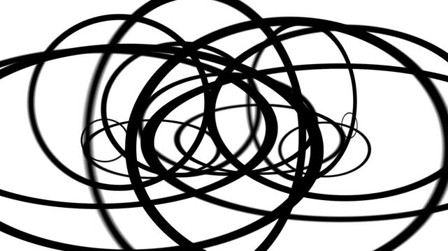 Abstract scribble chaos animation of overlapping black ink loops on white background for creative design