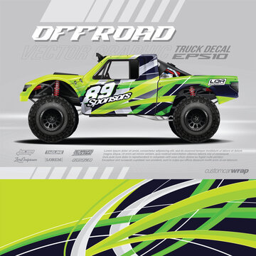 Truck decal, cargo van and car wrap vector. Off-road truck design featuring bold graphic decals features a dynamic, graphic design with lime green, black, and white patterns.