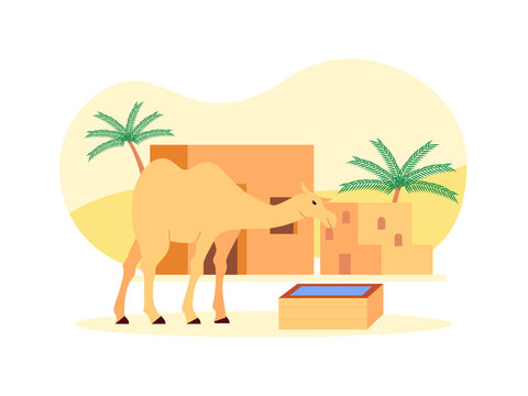 A dromedary camel standing in a desert oasis with traditional mud-brick buildings and palm trees. Middle East illustrations. Flat vector concepts.