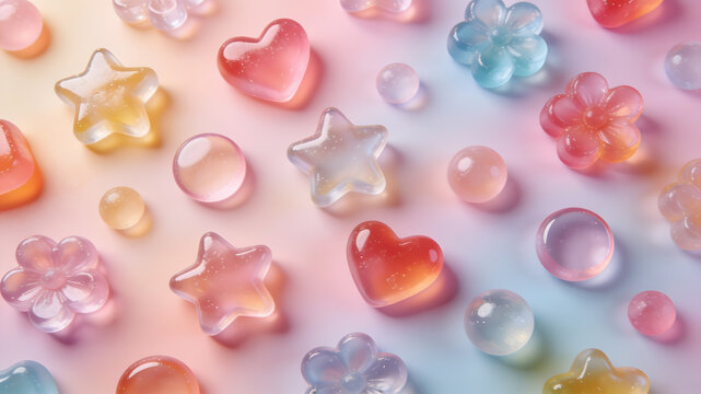 Multicolored translucent jelly candy shapes on pastel gradient background suitable for confectionery packaging design, digital backgrounds, and festive occasions.