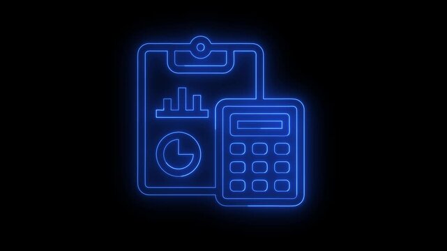 Financial planning day neon light icon with clipboard and calculator in dark background