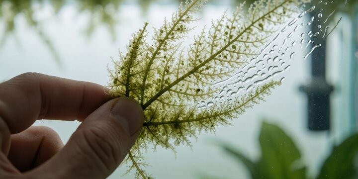 A detailed close up of a person holding a delicate green plant covered in water droplets and algae against a blurred background representing aquatic care