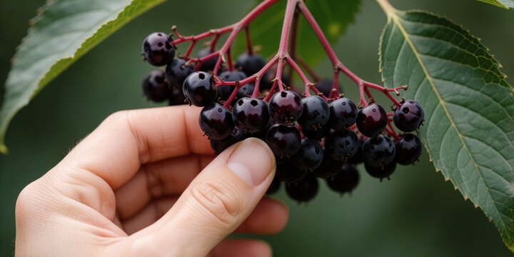 A person harvesting fresh ripe elderberries from a bush in the garden, representing natural herbal medicine, organic fruit foraging, and traditional health remedies