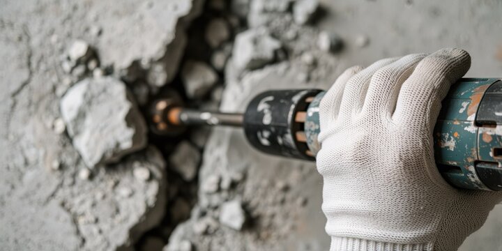Close-up of a worker in white protective gloves using a rotary hammer drill to break concrete floor during renovation work and demolition