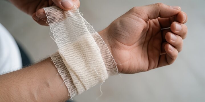 Young adult man wrapping his wrist with a medical bandage for injury care and first aid treatment