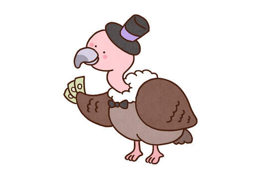 Rich vulture wearing a top hat holding bills, vulture fund business term or greedy capitalist concept