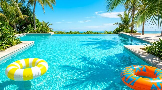 Infinity pool with colorful floaties overlooks tropical ocean for luxury resort getaway