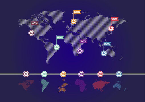 Infographic world map vector asset. Global data visualization chart graphic element continental country territory global business statistics layout banner presentation report design concept.