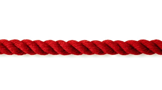 Single straight red cotton rope line stretched horizontally isolated on white background background for web design.
