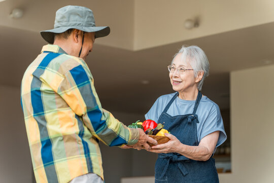 家庭菜園で収穫した野菜を笑顔で受け渡すシニア夫婦