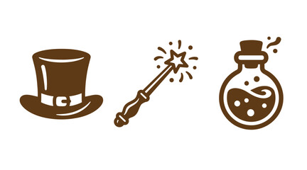 Obraz premium Magical items collection featuring top hat magic wand and potion bottle illusion supernatural graphics enchantment mystical witchcraft performance mysterious container