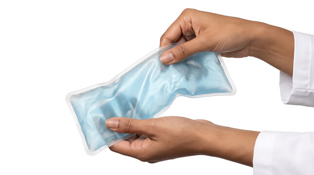 Blue gel cold pack held by a doctor with both hands ready for therapeutic use in PNG format isolated with transparent background