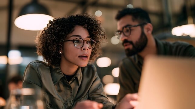 Woman discussing and collaborating on a project with a male coworker in a modern office