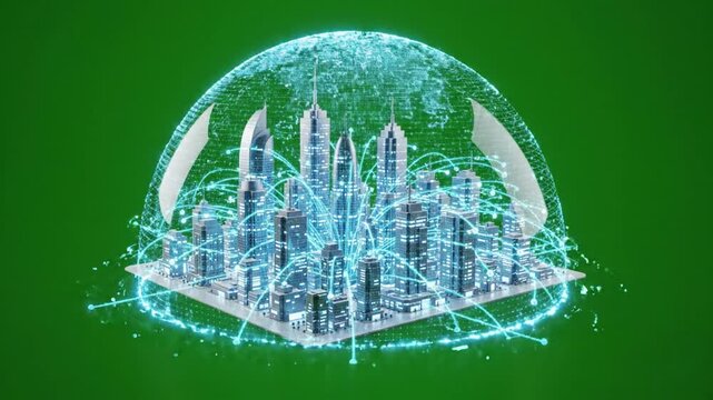 Futuristic smart city model encased in a glowing digital security dome against a green screen.