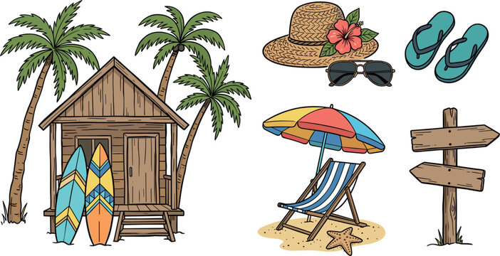 Tropical Surf Shack Vector Element Set with Wooden Beach Cabin Palm Trees Deck Chair Umbrella Flip Flops and Directional Wooden Signpost
