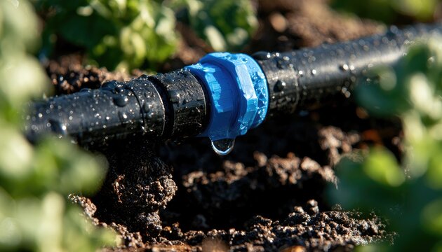 Drip irrigation system pipe with blue connector in agricultural field.