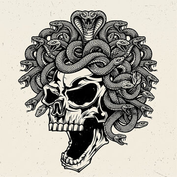 Medusa human skull with snake hair vintage line art illustration isolated on textured background