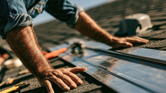 Professional roofer working on installing new metal flashing on a residential roof.