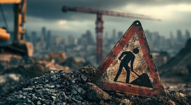 Old weathered road construction sign at a desolate industrial building site.