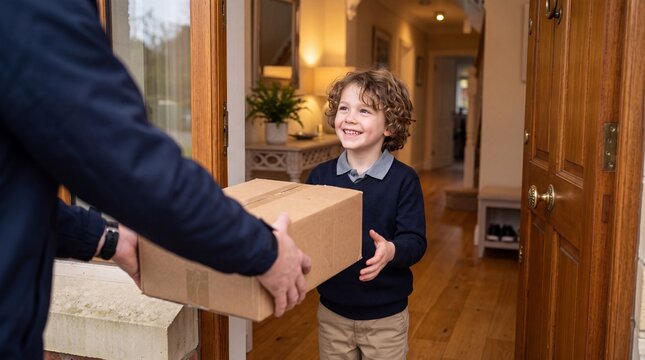 Delivery courier handing a cardboard package to a smiling woman at the entrance of a home.