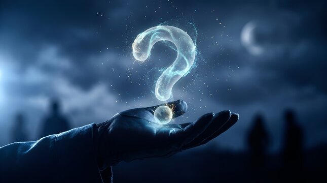 New Unique Glowing question mark hovering over open hand, mysterious ethereal light concept, blue night sky fantasy background for uncertainty and search