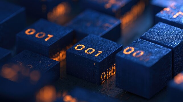 Abstract concept of digital binary data processing on glowing blue cubes.