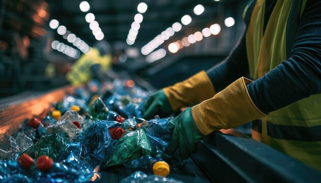 Industrial worker sorting plastic waste on a conveyor belt in a recycling facility.