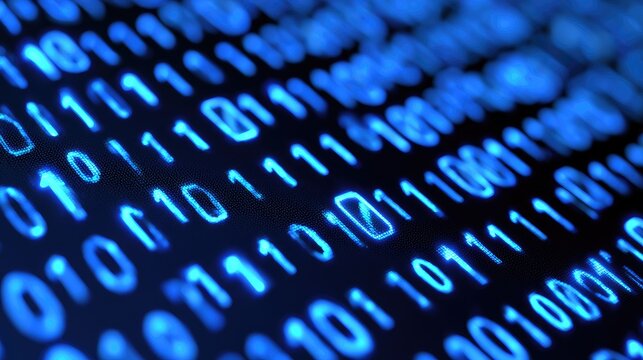 Abstract blue binary code digital data stream background.